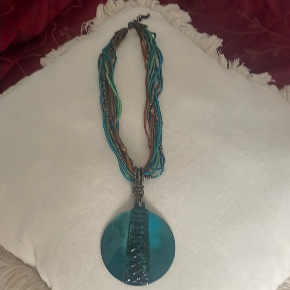 Vintage Multi Strand Seed  Beaded Necklace with Teal Shell Disc Pendant